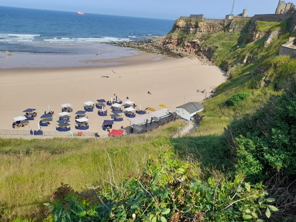 view from above of a beach with deckchairs, umbrellas and a shipping container restaurant